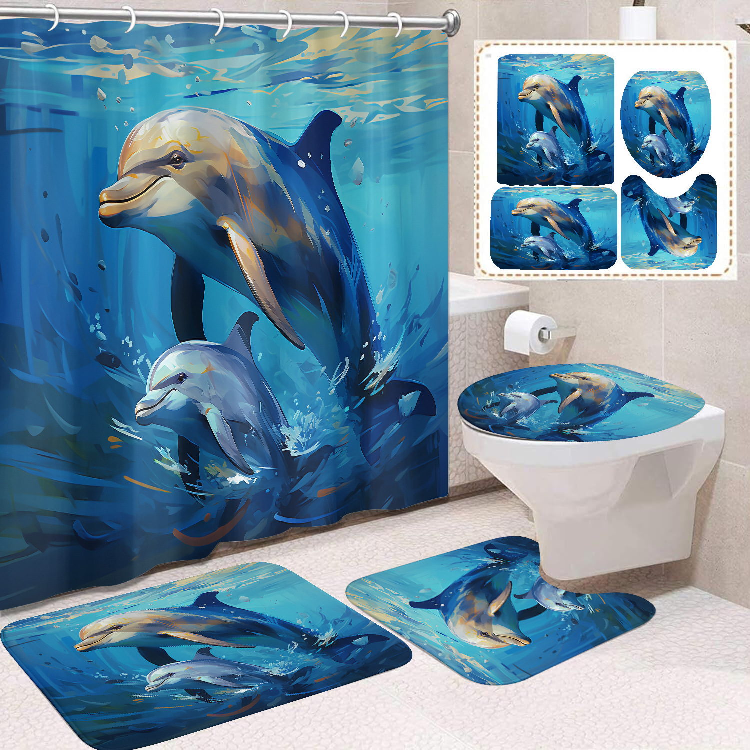 Cortina de ducha transfronteriza con diseño de delfines azules, estampada digitalmente, de poliéster, sin perforaciones, para baño, decoración del hogar image 43