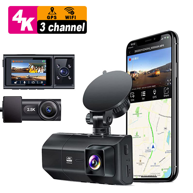 跨境 摄像头三录4K+1080P+2K 汽车行车记录仪高清 Dash Cam 4K
