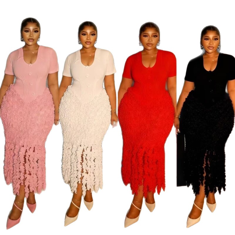 European and American Cross-Border V-Neck Short-Sleeve Slim-Fit Dress with Three-Dimensional Tassel Hem, Bodycon Long Dress, Party Dress