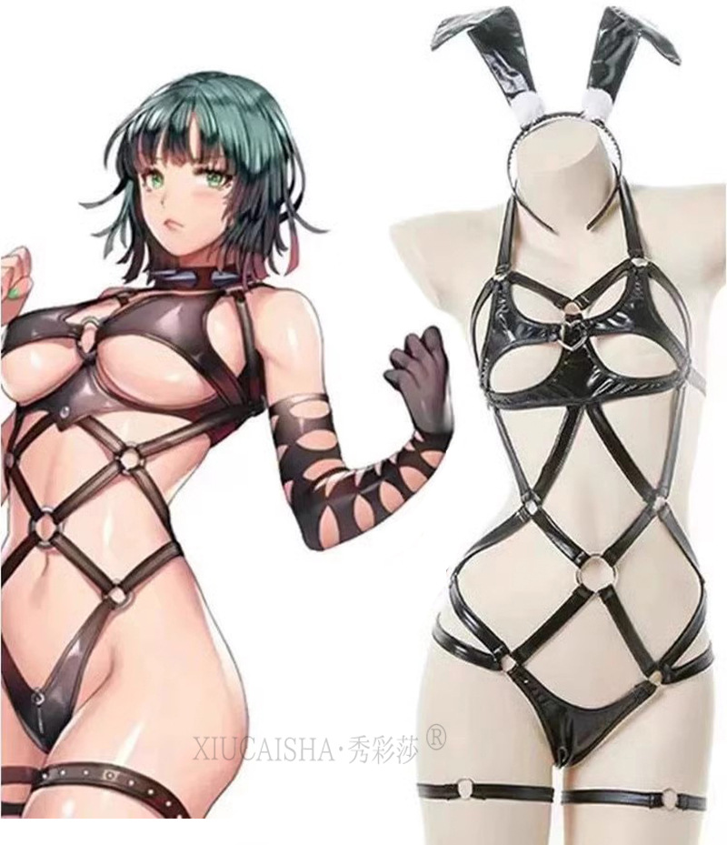 Bunny Girl Lingerie Costume Set with One-Piece, Headpiece, Cuffs and Red Fishnet Stockings — detail image 3
