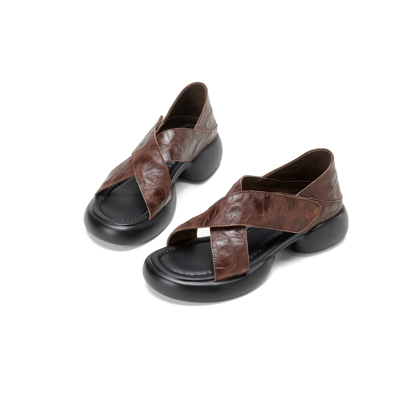 Sandal nữ hở mũi đế dày 4 cm da cừu quai chéo bọc gót — màu nâu chi tiết 21