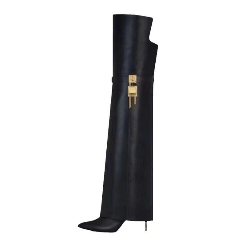 European and American export runway style women's pointed-toe high-tube metal buckle skirt-hugging stiletto over-the-knee fashion boots