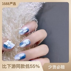 B395海天相接中長款穿戴甲珍珠小花裝飾手工日常美甲成品工廠直銷