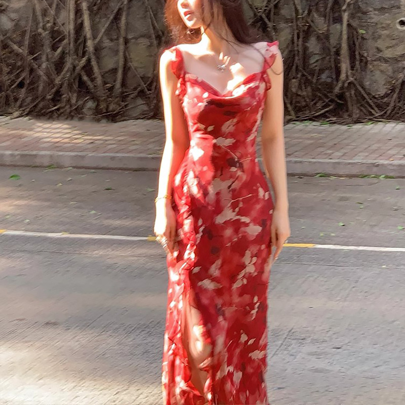 Spot Red Georgette Floral Swing Collar Suspender Dress Women's Wavy Edge Lace-Up Long Skirt Slit Skirt Spot Red Georgette Floral Swing Collar Suspender Dress Women's Wavy Edge Lace-Up Long Skirt Slit Skirt