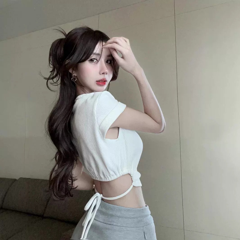 Pure Photographic Sweet Spice Girl Sexy Backless Short Slim-fit Top Women's Exposed Waist Drawstring Strap Shoulder Short-sleeved T-shirt