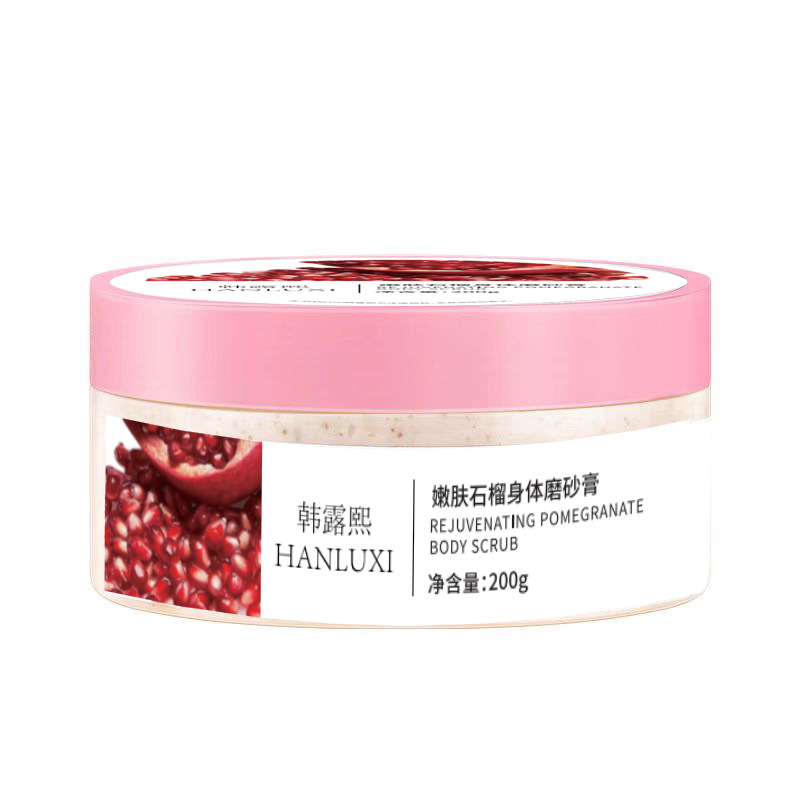 Han Luxi fábrica al por mayor granada semilla exfoliante cuerpo loción exfoliante cuerpo entero sal de baño fábrica de cuidado corporal