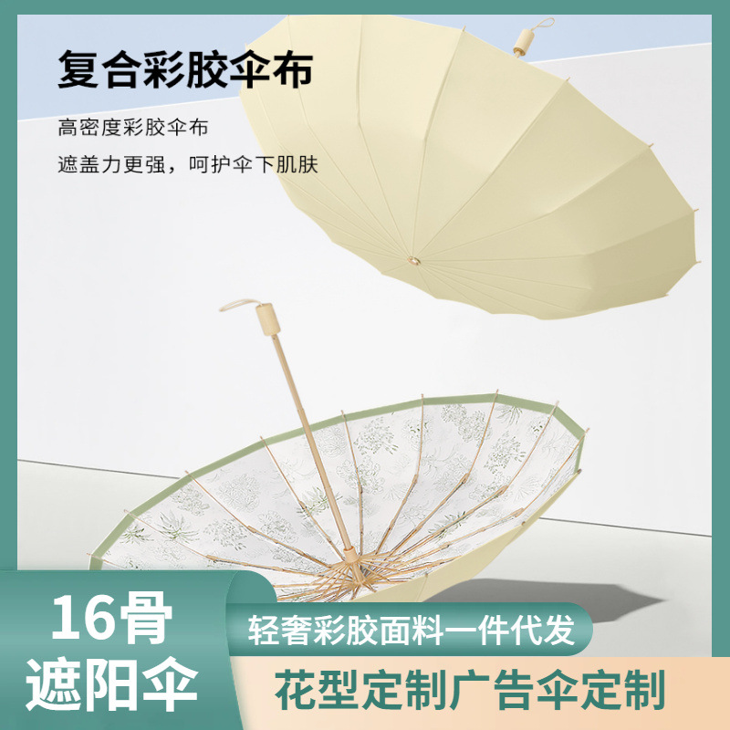 三折傘16骨手開晴雨傘復古實木手柄遮陽傘彩膠防曬太陽傘一件代發