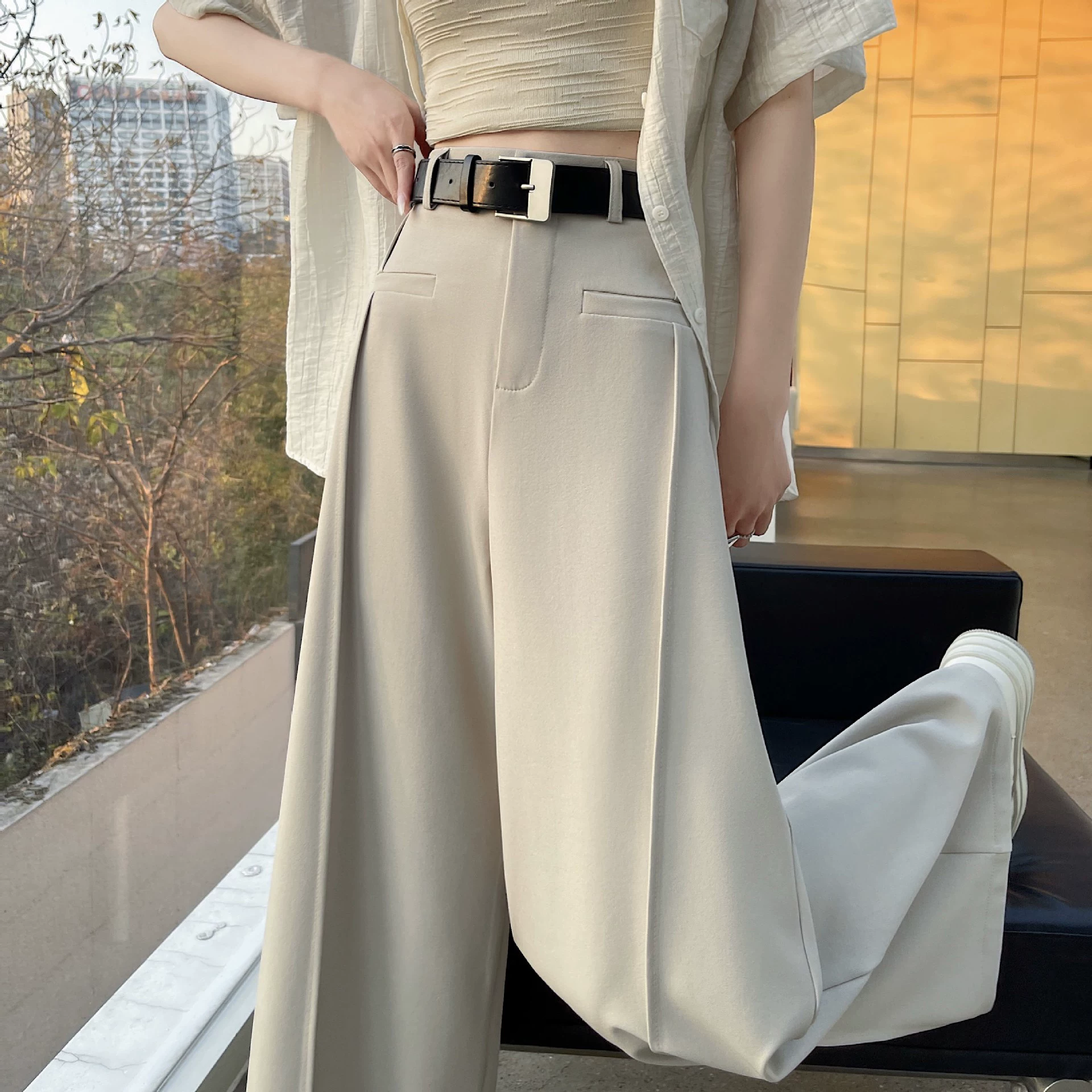 Classic Suit Jacket with High-Waist Loose Straight Trousers, Spring Style, High Quality