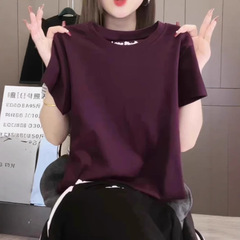 今年の新しい2025夏ダークパープル半袖Tシャツレディースレターソリッドカラーハイエンド気質レトロトップイン