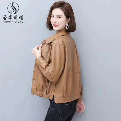 Haining Leather Women's Jacket 2023 Spring and Autumn New Loose Large Size Short Leather Jacket Slim Washed Pu Leather Jacket