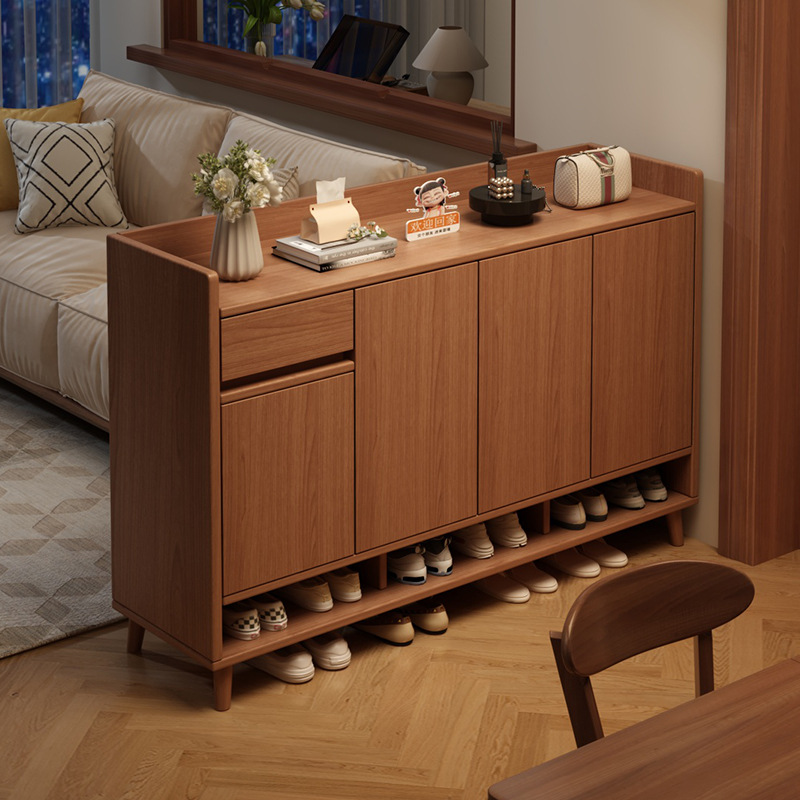 Solid Wood Shoe Cabinet for Home Entrance, New Chinese Style Entryway Storage Cabinet, Wall-Mounted Integrated Large-Capacity Foyer Cabinet with Multi-Layer Shoe Rack