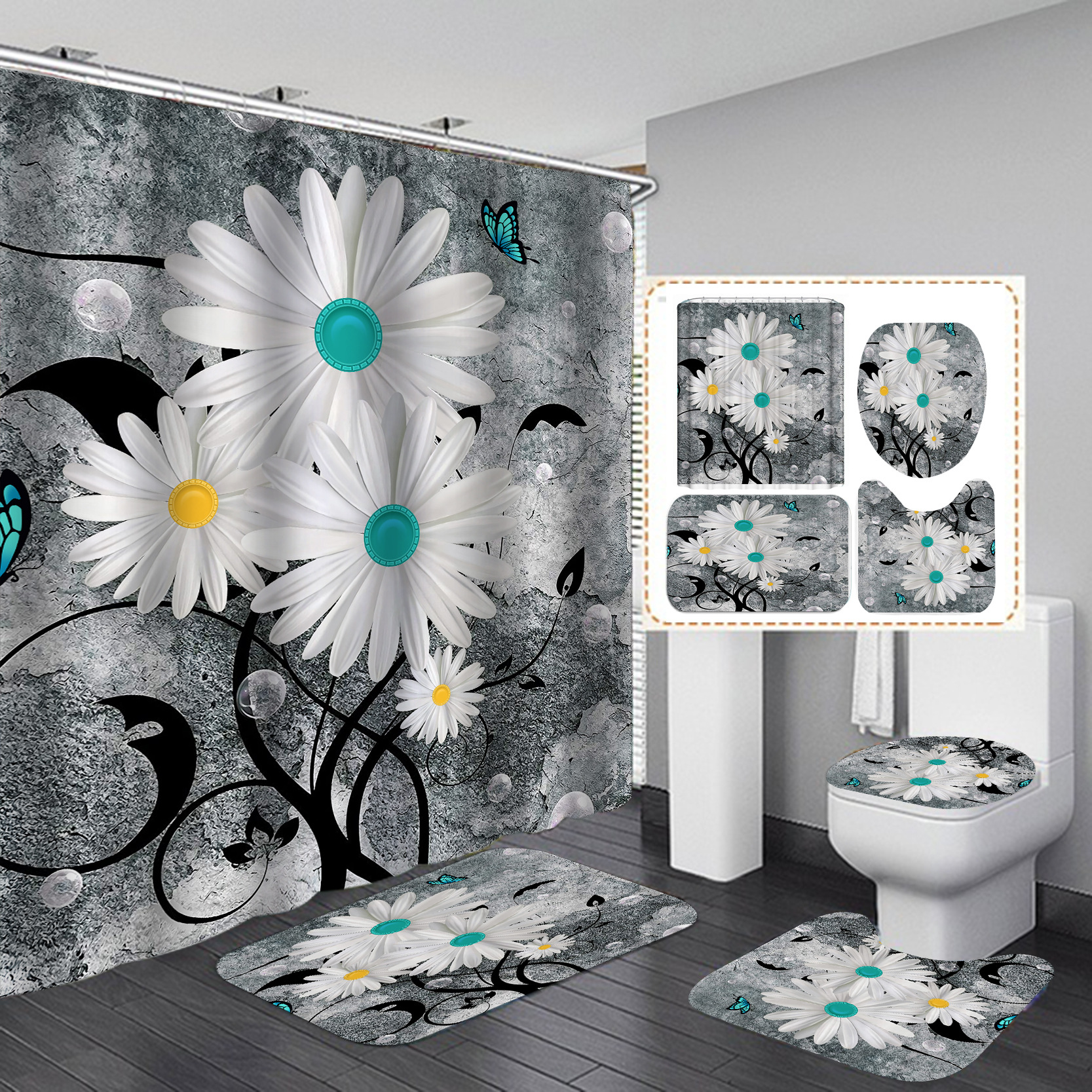 Fuente fábrica 3D Impresión digital Cortina de ducha ins Estilo nórdico flor ducha cortina conjunto de cuatro piezas libre tipo C anillo colgante 12