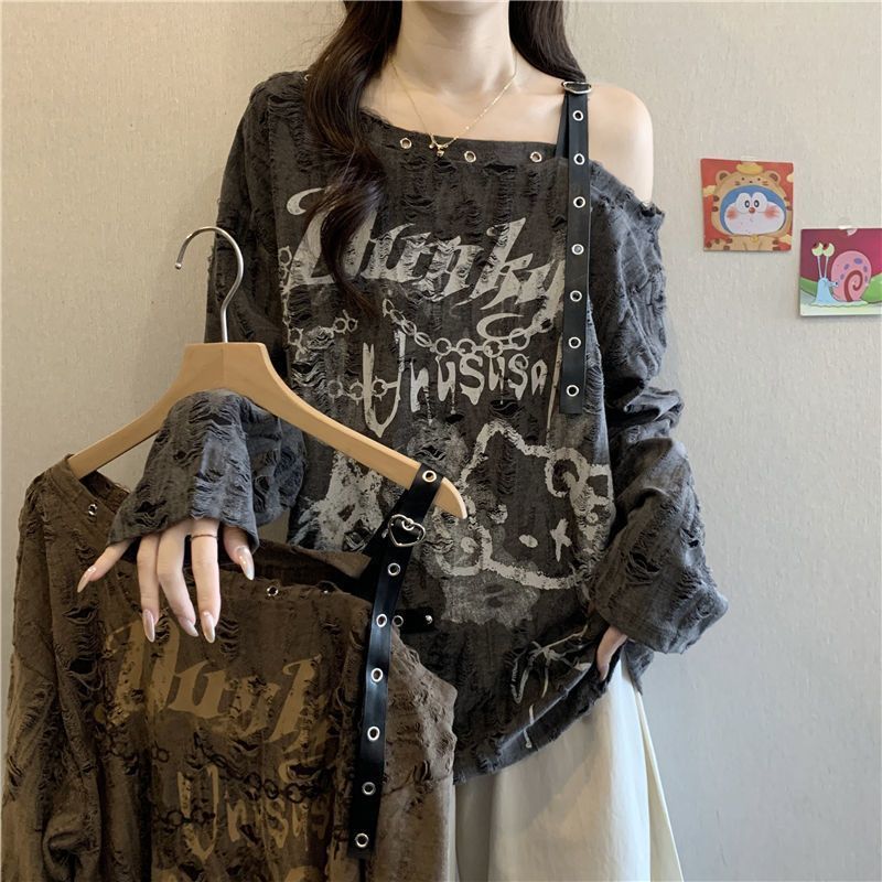 Plus Size Ripped One-Shoulder Off-Shoulder Long-Sleeved T-Shirt for Women in Spring and Autum New Fat mm Loose Slimming Look Flesh-Covering Top