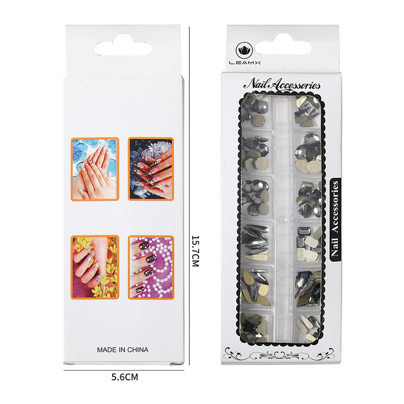 Accesorios de diamantes de uñas transfronterizos 12 traje de rejilla en caja plana de forma especial de diamantes de imitación de color de cristal de diamante pegatinas de joyería de uñas