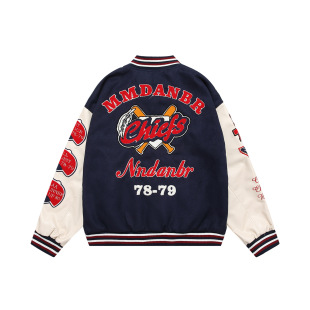 Custom Street Retro Color-Blocking Flocked Embroidery American Baseball Jacket for Men and Women with Loose Stand Collar Trendy