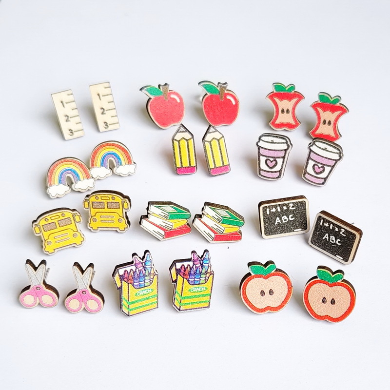 1 Pair Cartoon Style Book Rainbow Apple Wood Printing Women's Ear Studs display picture 1