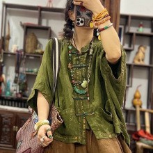 复古民族风亚麻盘扣七分袖衬衫女 2025秋季新款宽松开衫衬衣