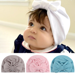 2021新款褶皺嬰兒帽子蝴蝶結兒童帽子寶寶純色打結套頭帽印度帽子