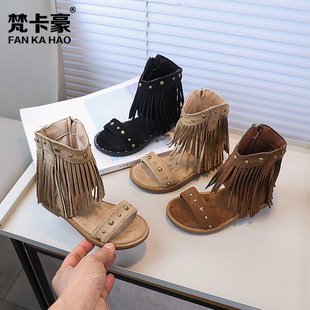 Van Cahau 2025 Summer New Girls' Fashionable One-word Roman Shoes Simiya Tassel Children's Sandals