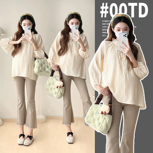Real Shot Spot 2025 Autum New Sweet Loose Fungus Collar Lace-Up Textured Long-Sleeved Maternity Shirt for Women