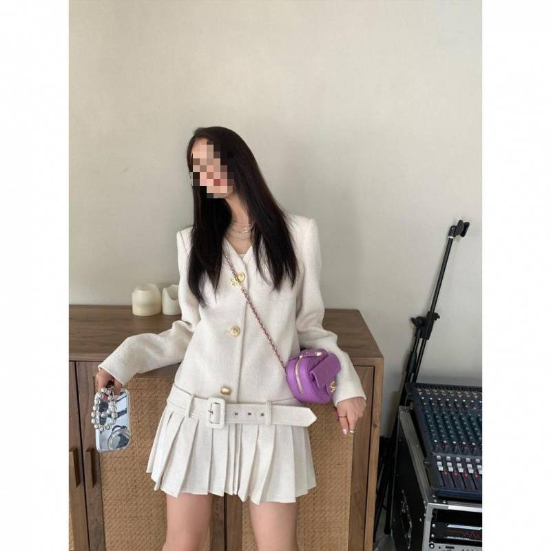 美拉德小香风连衣裙女早秋新款长袖设计感小众法式复古百褶短裙子|undefined