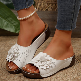 Foreign Trade plus size Slippers Women 25 New Amazon Cross-border Wedge Open Toe Flower Cross-border Slippers