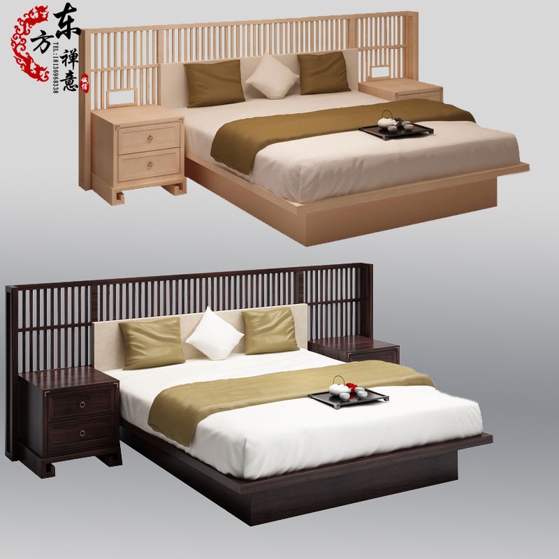 新中式實木床婚床 禅意雙人床1.8米2 現代簡約樣板房別墅原木家具