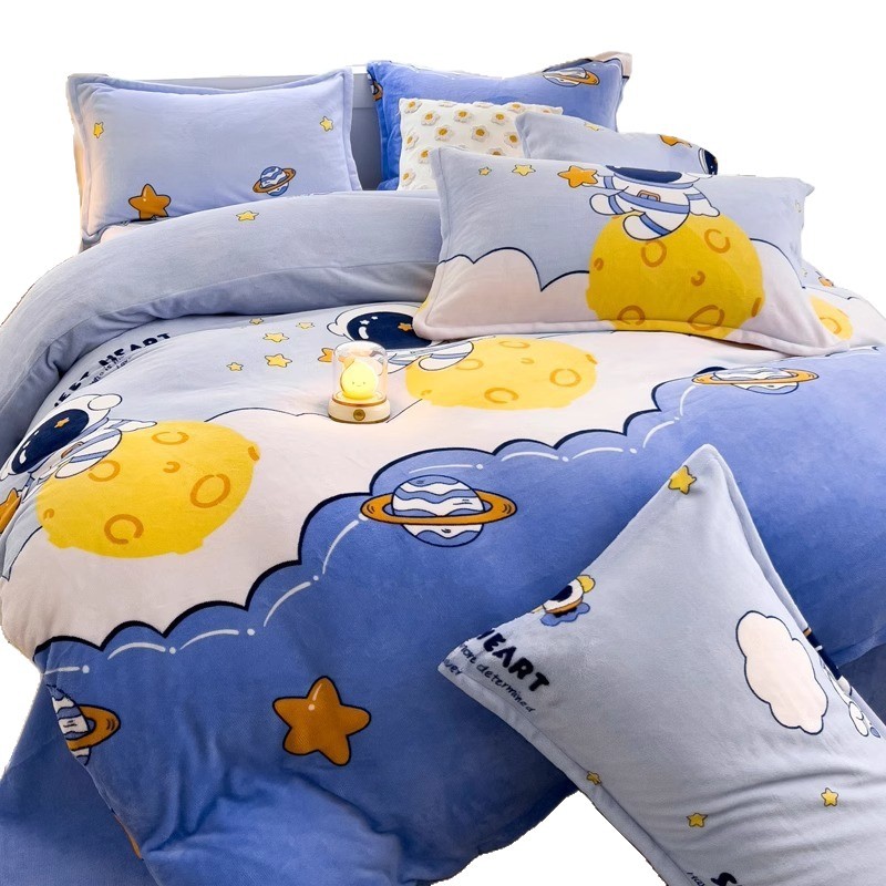 Cubierta de edredón de lana de leche de invierno de dibujos animados para niños pieza individual 150x200 terciopelo de coral más terciopelo grueso 1.5 juego de cama de cuatro piezas