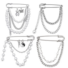 欧美跨境饰品 新款潮流挂件珍珠链条胸针 时尚多元素复古别针配饰