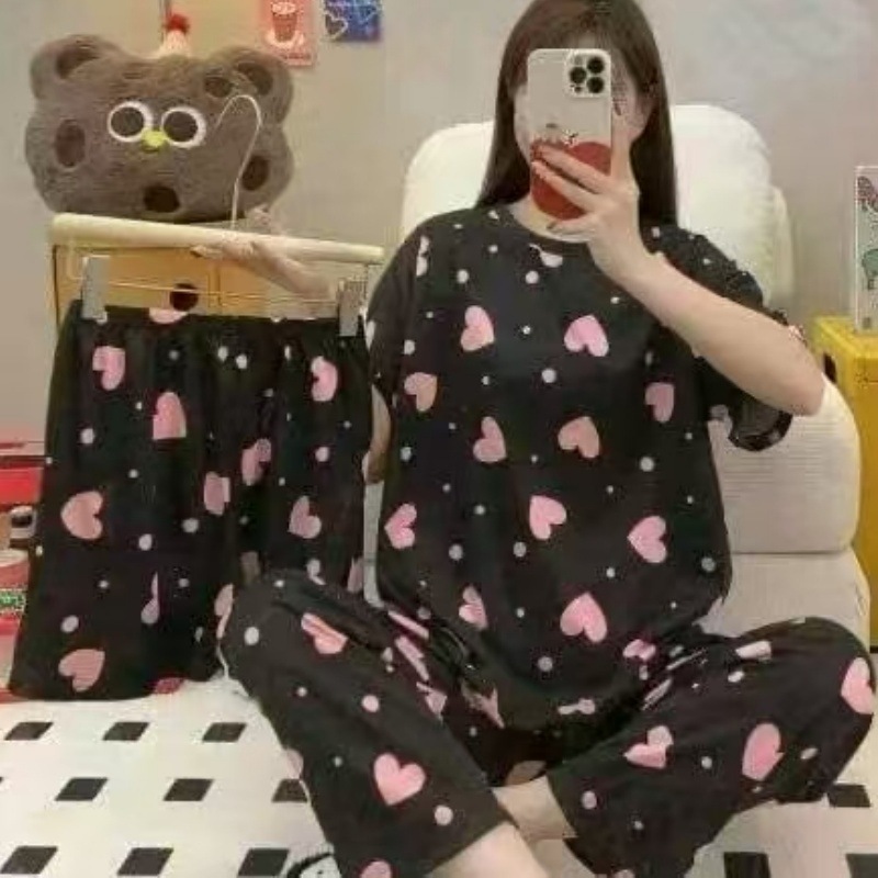 Pijamas de verano transfronterizos pijamas de leche de seda de tres piezas set de dibujos animados comercio exterior ropa para el hogar pantalones de mangas cortas lindos