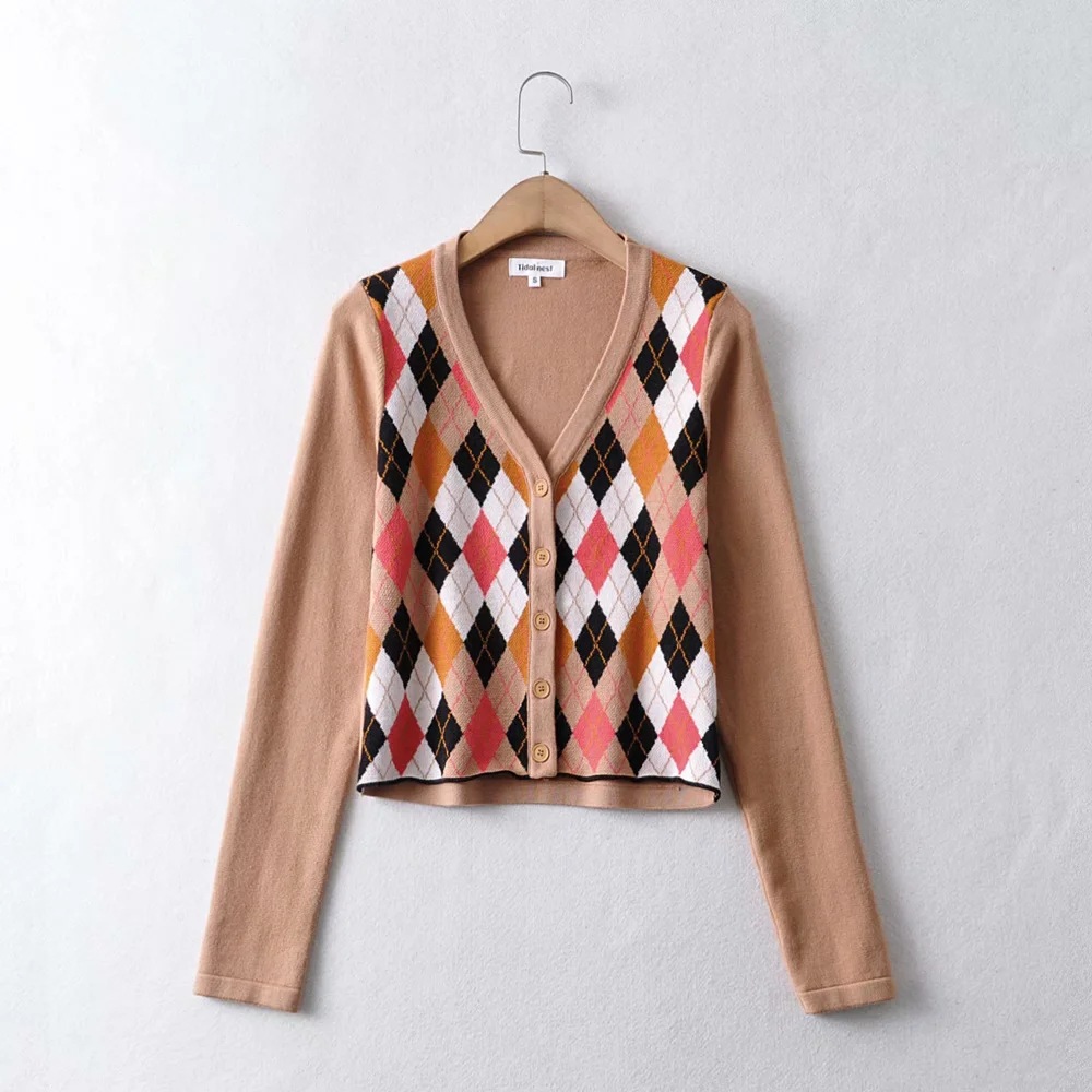 fashion V-neck diamond lattice single-breasted slim long-sleeved knitted cardigan sweater NSHS33454