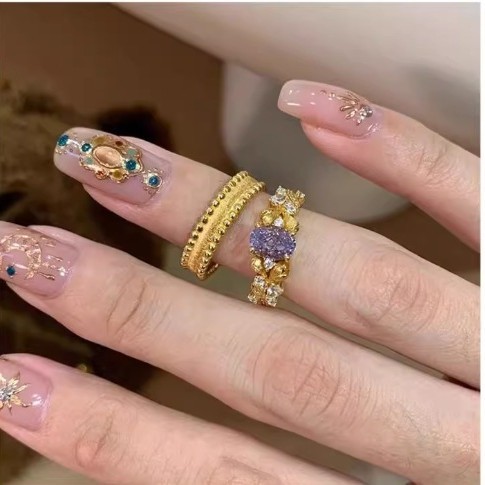 金色复古超闪紫色戒指女小众设计中古拉丝宫廷风轻奢高级感食指戒|undefined