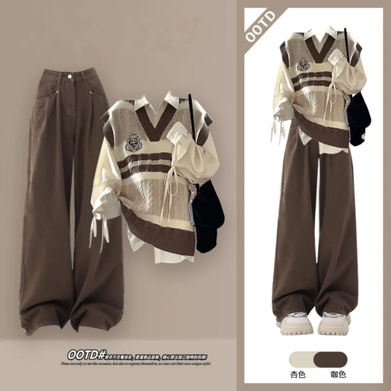 Early Autumn Chic Preppy Style Shirt and Vest Set for Women, Autumn and Winter Outfit with Denim Jacket and Pants