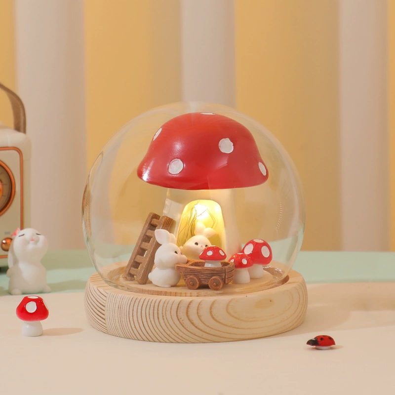 Handmade night light, glass dome with rabbit and mushroom scene — tabletop bedroom decor, gift