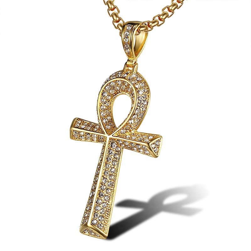Men's Gender Hip-Hop Cross Key Titanium Steel Plating Rhinestones 18K Gold Plated Men's