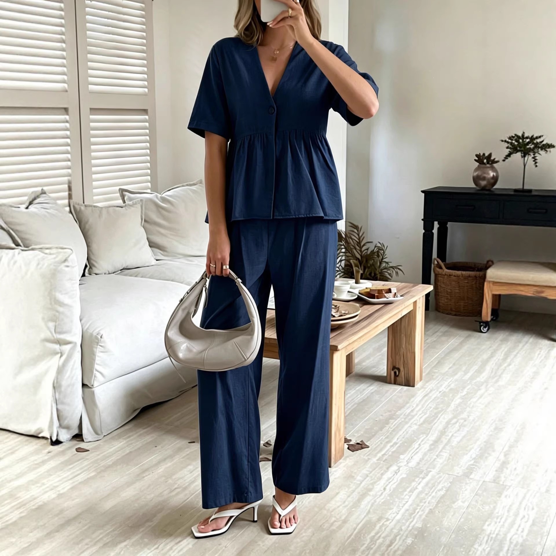 Women's Clothing Fashion Elegant Two Piece Set V Neck Loose Short Sleeved Top And Wide Leg Pants For Formal & Casual For Women_ecoleips.com