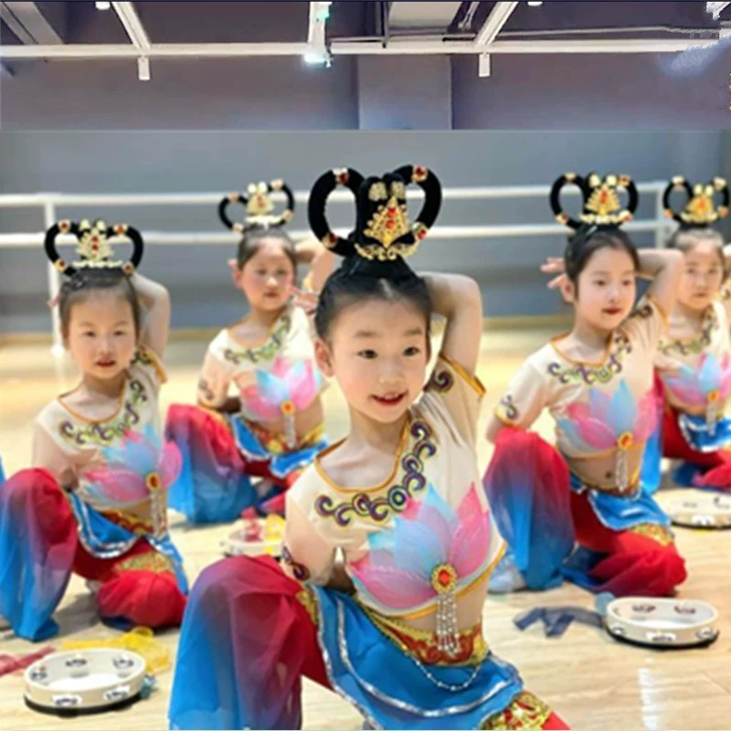 Костюм для выступления на барабане Feitianle, танцевальный костюм Дунхуань, детская одежда для классического танца, шедевр настенной живописи Miao Yin Rebound Pipa для девочек.