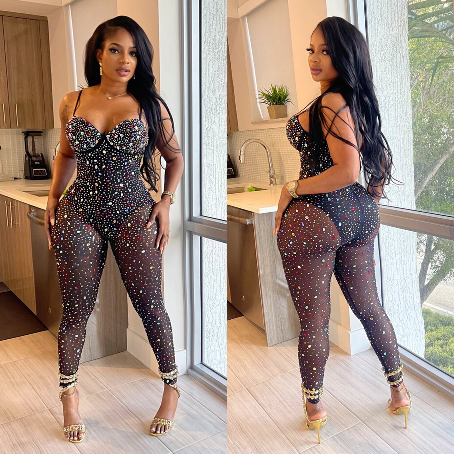 C6780 transfronteriza AliExpress Amazon Europa y América moda de las mujeres de color sólido de malla rhinestone sin mangas pantalones mono