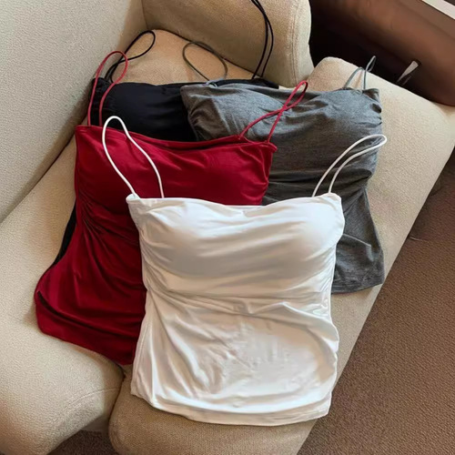 French style pure lust style hottie camisole women's summer pleated slim slim tube top spaghetti straps top with breast pads