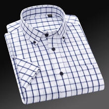 夏季短袖衬衫休闲男装全棉牛津纺半袖水洗条纹格子中年男式衬衣男