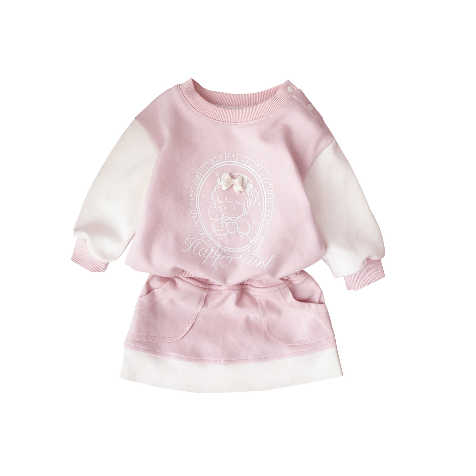 Versión coreana del nuevo producto de la primavera de 2025, traje de bebé, suéter de lazo de Barbie de dibujos animados, traje de dos piezas