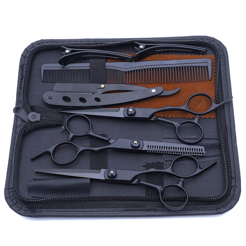 Fabricante al por mayor tijeras de corte de cabello transfronterizo Amazon negro dorado plano tijeras de dientes con flequillo fino tijeras divididas juego de tijeras de cabello