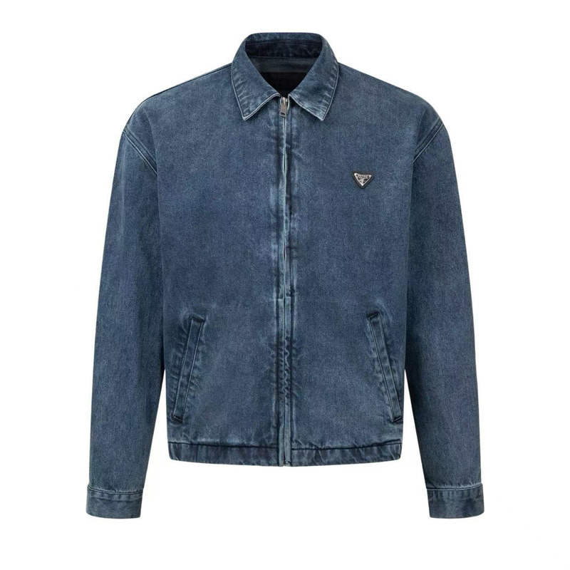 Autumn and Winter Men's Clothing Full Triangle Logo Harrington Denim Jacket Men's Zip-Up Lapel Long-Sleeve Top Autumn and Winter Men's Clothing Full Triangle Logo Harrington Denim Jacket Men's Zip-Up Lapel Long-Sleeve Top