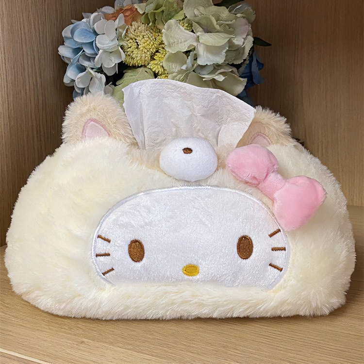 Cute kitty cream yellow plush tissue box for home use in the living room, bathroom, or car