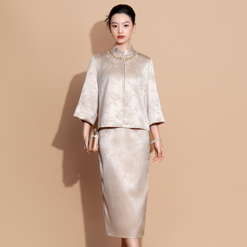 Factory Wholesale Mother's Wedding Banquet Cheongsam Suit New Acetate Jacquard Engagement Dress Daily Wearable 5036 Jacket