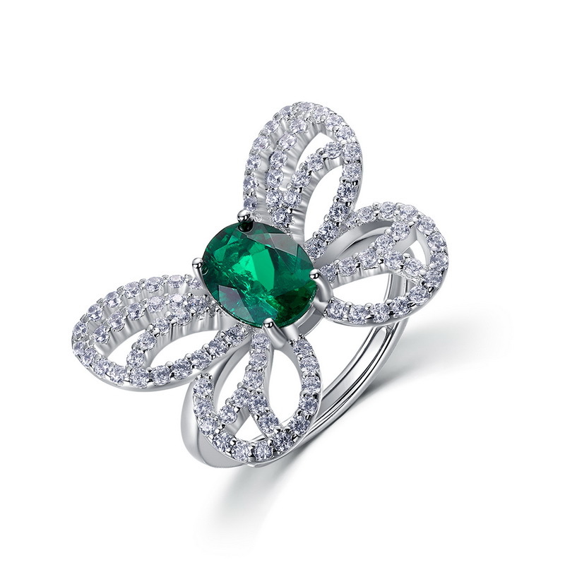 Exclusivo transfronterizo para el cultivo de mariposas Anillo de esmeralda Mujer S925 Cultivo con incrustaciones de plata