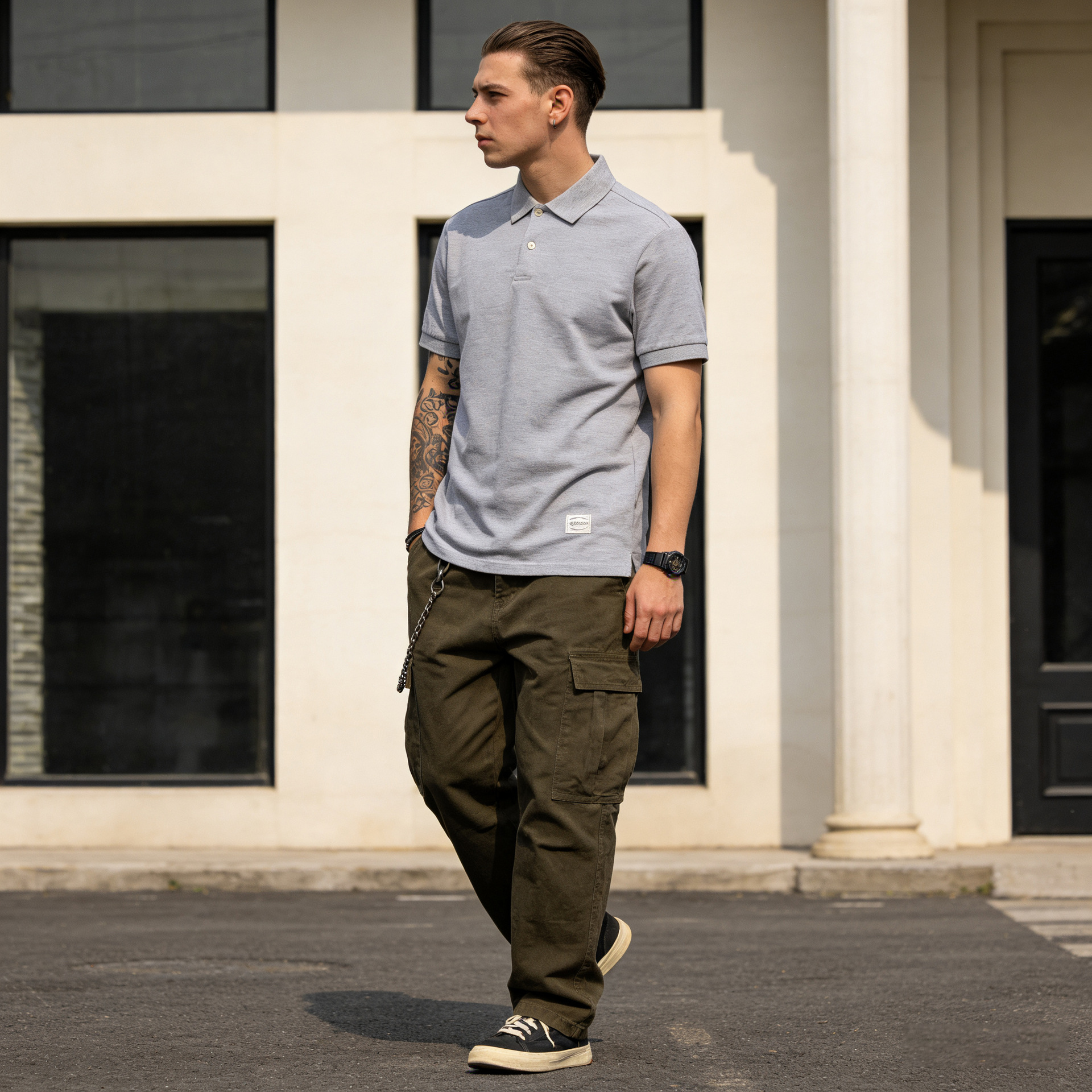 New basic retro solid color short sleeve lapel polo shirt men's half sleeve plain T-shirt