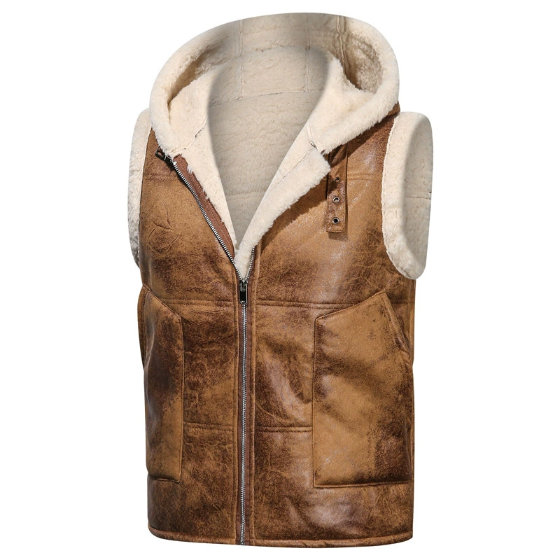 AliExpress 2021 осень-зима Новый жилет меховое Мужское пальто Ретро теплое кожаное Мужское пальто с капюшоном