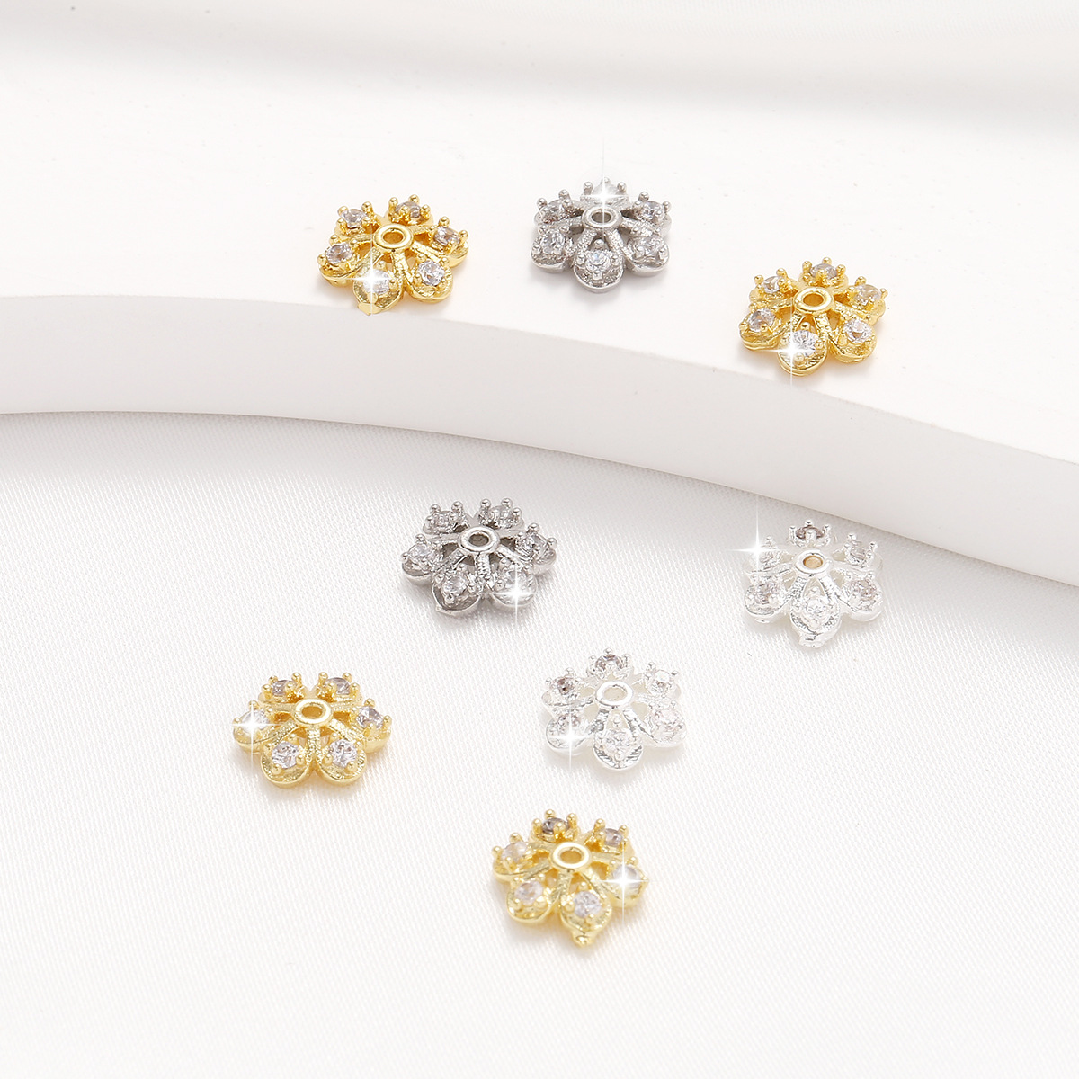 镀真金18k保色微镶锆石镂空花托手工diy手串隔珠水晶首饰花帽隔片