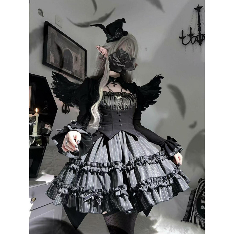 Dark Crow Girl Black Halloween Lolita Fake Two-piece Stitching Horn Sleeve Top Short Dress Dark suit
